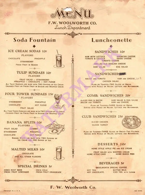 F. W. Woolworth, Sacramento 1930s Menu