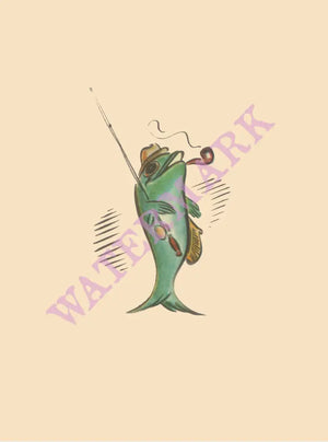 Fish, Fly-rod, Hat, Pipe and Creel detail from Oyster Loaf menu art