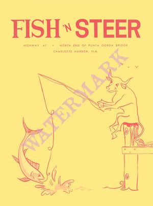 Fish 'N Steer, Charlotte Harbor, Florida 1960s Menu Art