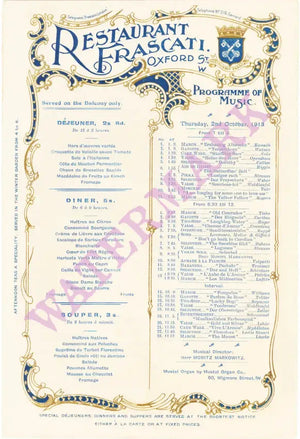 Frascati, London, 1913 Vintage Menu