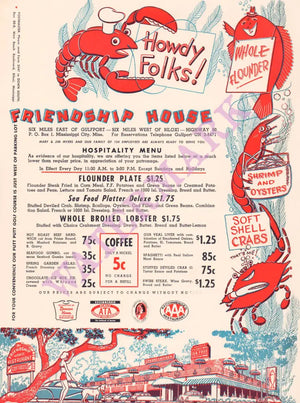 Friendship House, Biloxi 1961 Menu Art