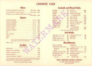 Great Northern Railway Beverages, 1960s menu