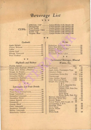 Grill Room Menu Hotel Pennsylvania, New York 1926
