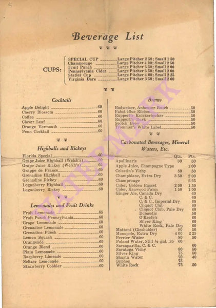 Grill Room Menu Hotel Pennsylvania, New York 1926