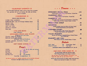 Grisinger's, Long Beach 1951 | Vintage Menu Art - food menu