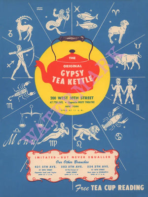 Gypsy Tea Kettle, New York 1949 Horoscope Menu Art
