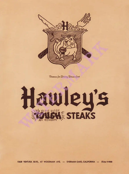 Hawley's Tough Steaks, Sherman Oaks 1960s Menu Art