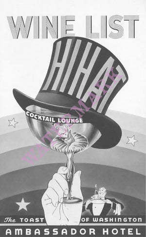 Hi Hat Cocktail Lounge, Ambassador Hotel, Washington D.C. 1930s Menu Art
