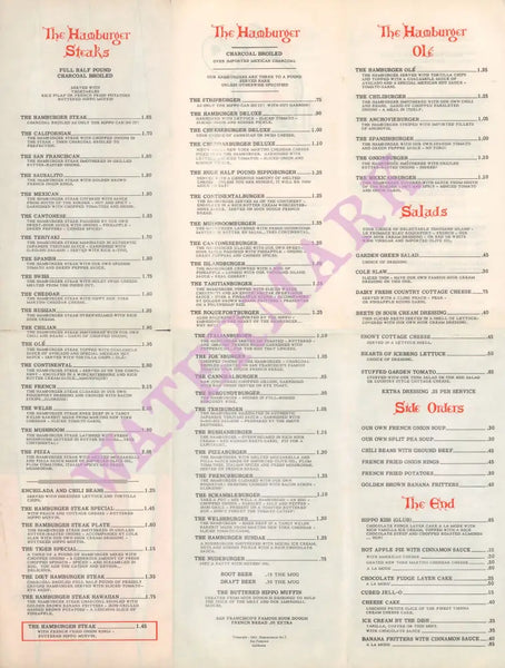 Hippo Burger, San Francisco 1960s Menu