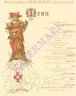 Holland Society Annual Dinner, New York 1892 Menu Art