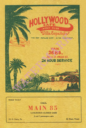 Hollywood Café, El Paso, Texas, 1933 Menu Art