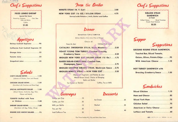 Hollywood Palladium, Los Angeles 1958 Menu