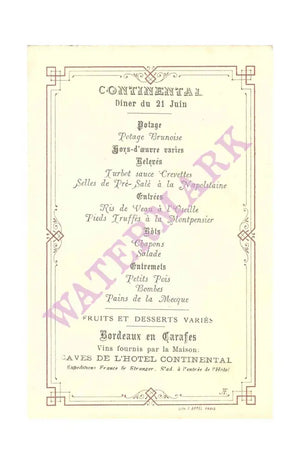 Hotel Continental Menu, Paris 1890s