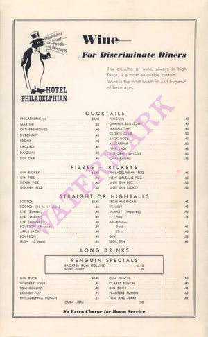 Hotel Philadelphian, Wine List 1940s Menu Design