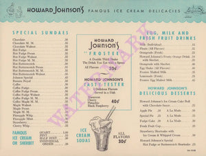 Howard Johnson's Famous Ice Creams 1950 Menu