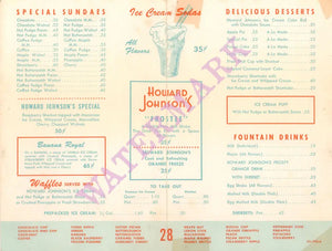 Howard Johnson's Ice Cream 2 1957 Menu