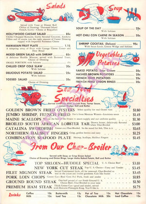 Huddle Restaurants, Indiana 1960s – Vintage Restaurant Menu Art