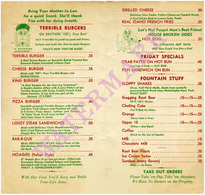 Irving's Chuck Wagon. Line Lexington, PA 1940s Menu
