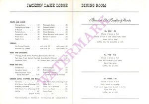 Jackson Lake Lodge, Wyoming 1960s Menu