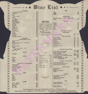 Joe's Casino at The Black Cat, New Castle, Delaware 1930s Menu