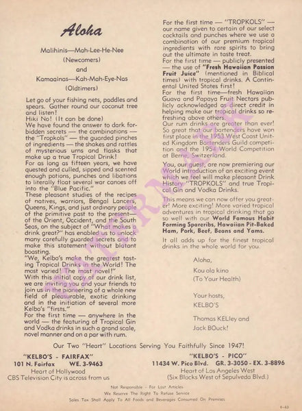 Kelbo's, Los Angeles 1963 Aloha Tiki