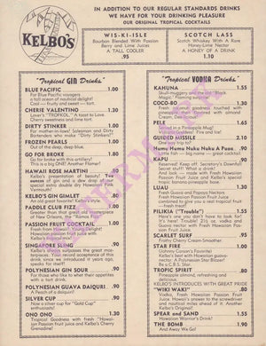 Kelbo's, Los Angeles 1963 Menu