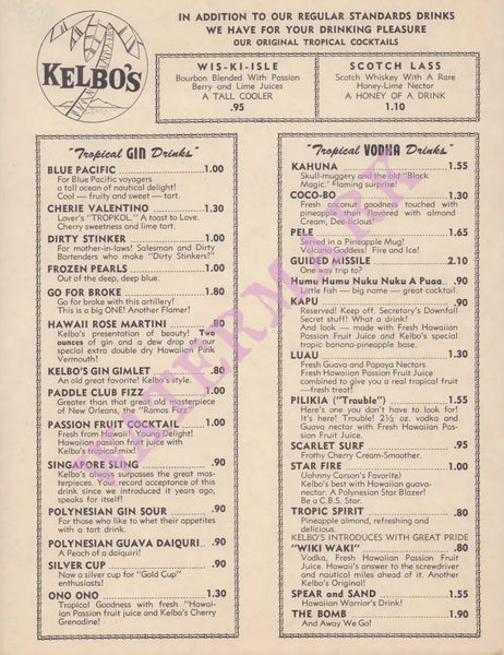 Kelbo's, Los Angeles 1963 Menu