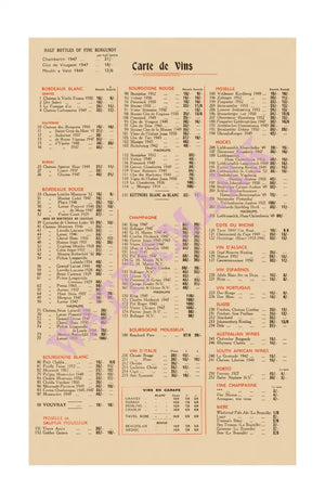 Kettner's Wine List, London 1955