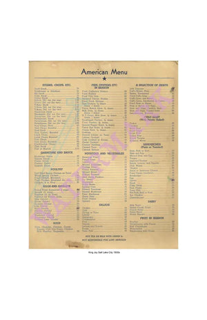 King Joy Salt lake City 1930s Interior Menu Harley Spiller Collection Cool Culinaria