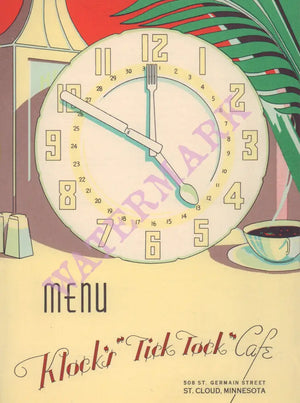 Klock's Tick Tock Diner, St Cloud MI, 1931 Menu Art
