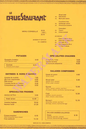 Le Drugstore, Paris 1970s Menu