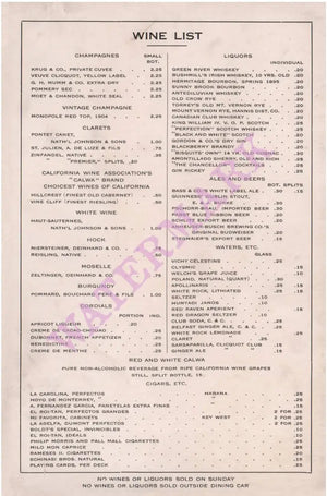 Lehigh Valley Railroad Black Diamond Express Circa 1910 Wine List