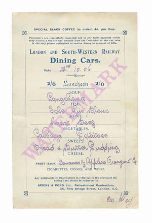 London and South Western Railway Dining Car Menu, 1906