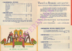 Lucca, Los Angeles & San Francisco 1930s Menu
