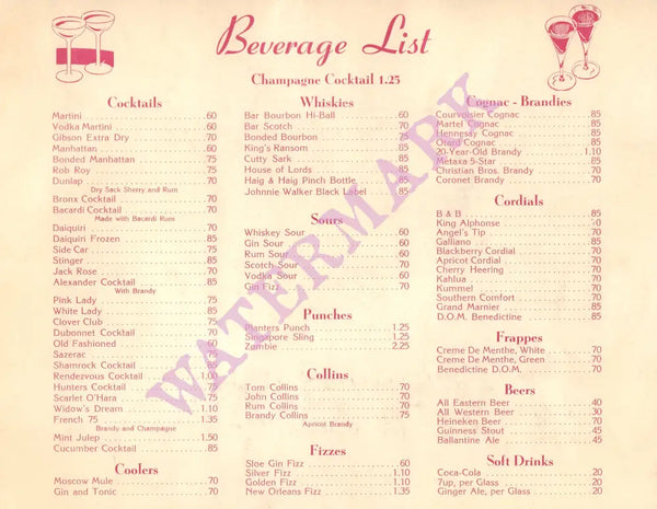 Malibu Rendezvous, Malibu 1960s Drinks menu