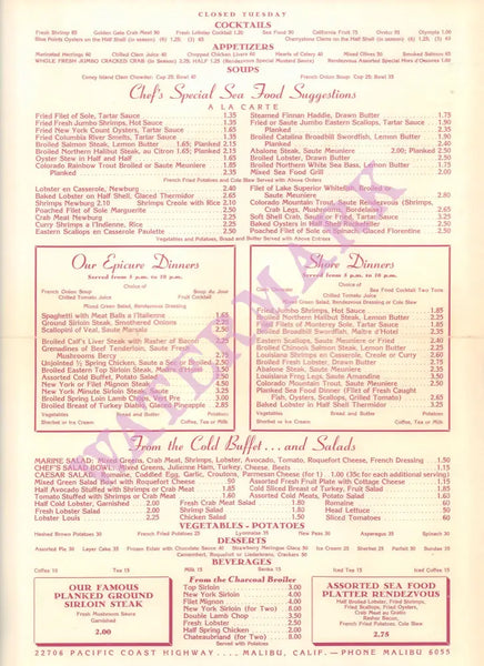 Malibu Rendezvous, Malibu 1960s Menu