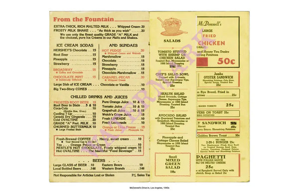 McDonnell’s Drive-in Los Angeles 1940s Vintage Americana Menus