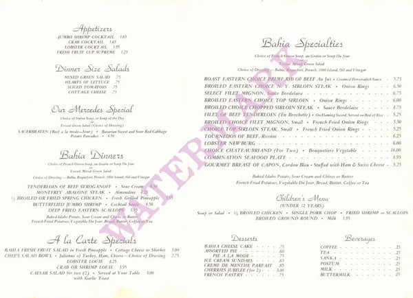 Mercedes Room, Bahia Resort Hotel, San Diego 1980s Menu