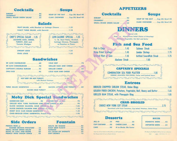 Moby Dick's, Santa Barbara 1964 Menu