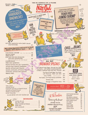 Nite Owl Restaurant, Glendale 1950s Menu Art