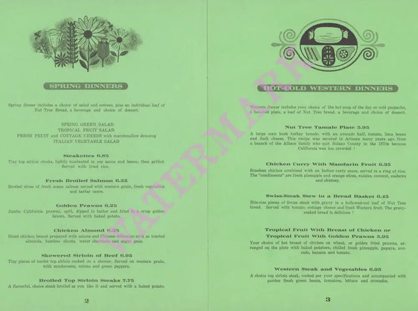 Nut Tree, Vacaville 1971 Menu
