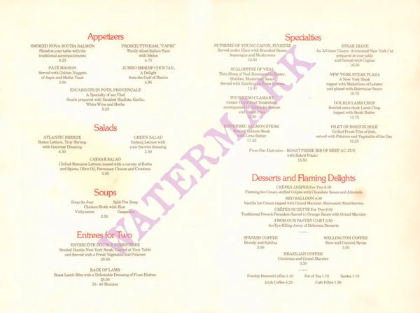 Oak Room, The Plaza New York Menu