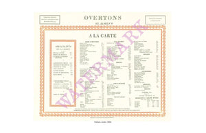 Overton's Restaurant Menu 1950s Menu Interior