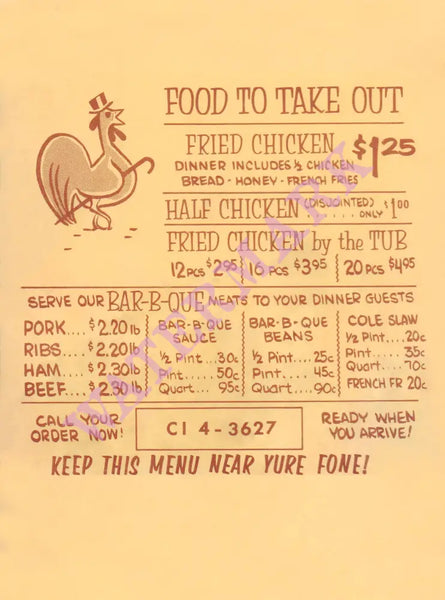Ozark Bar-B-Q, Glendale 1960s Menu