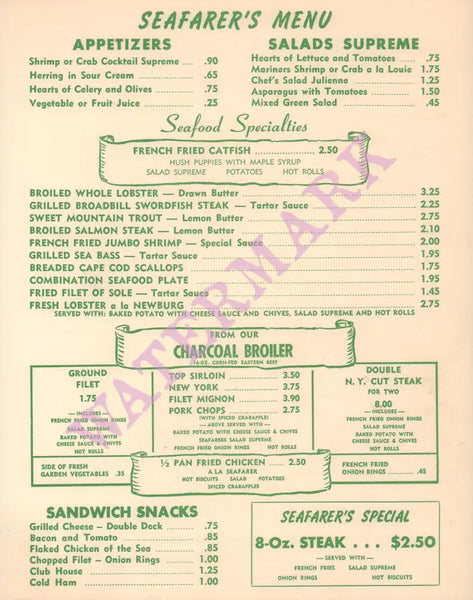 Ozzie's Seafarer, Manhattan Beach 1960s Menu