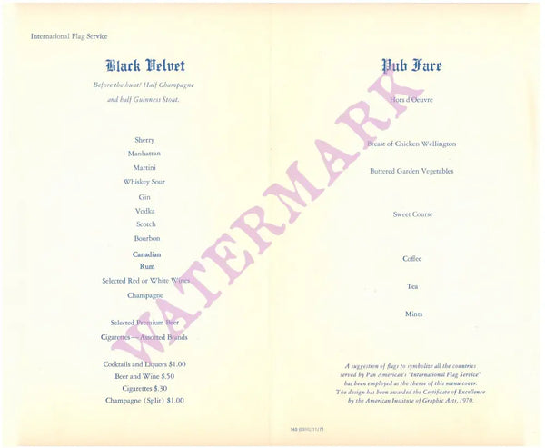 Pan American "International Flag Service" 1971 Menu