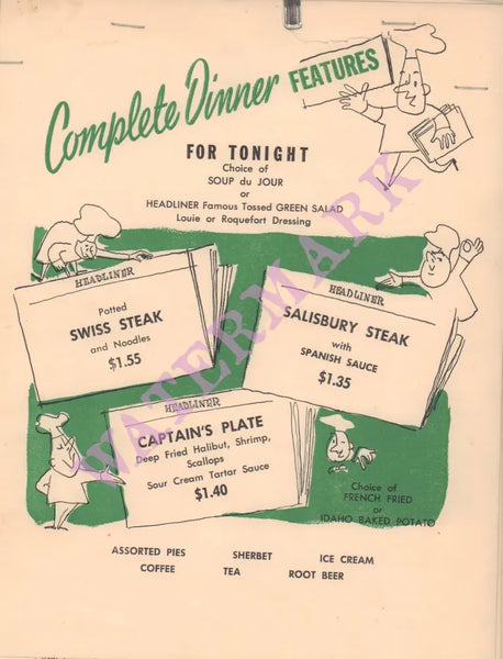 Pasadena Headliner, Pasadena 1950s Menu