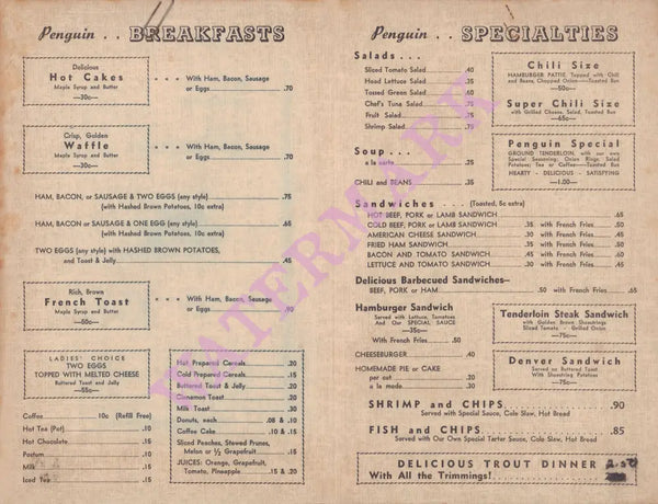 Penguin Café, Mammoth Lakes 1940s Menu