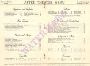 Penguin Dining Room, Hotel Continental Kansas City, MO 1940s | Vintage Menu Art - After theatre menu