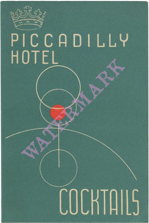 Cocktails Piccadilly Hotel, London, 1950s menu art